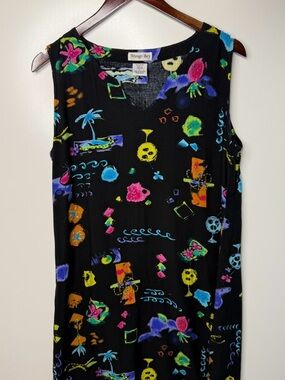 Mango Bay Tropical Neon Print Beaded V‑Neck Sleeveless, Beach Vacation, Large